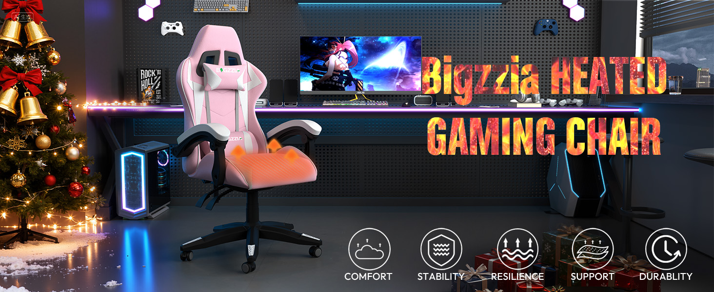 Ігрове крісло Bigzzia Gaming з підігрівом та регулюванням спинки 90-135°, рожеве