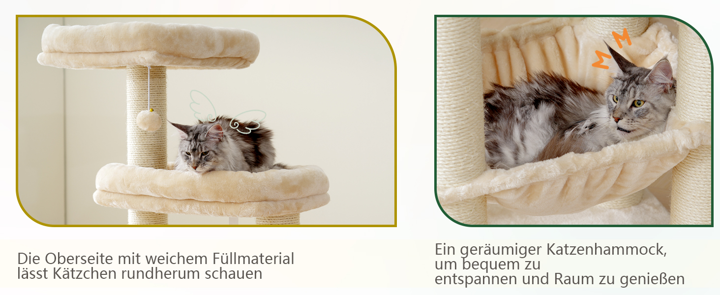 Кігтеточка XXL для мейн-куна, 168 см, з гамаком, сизаловим стовпом (φ11 см), когтеточкою, 2 платформами, будиночком, корзиною, бежева EMPJ01M