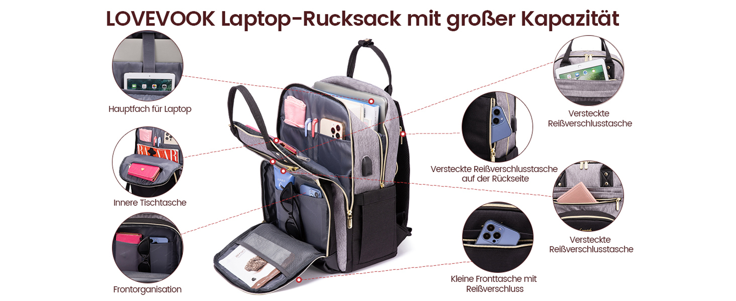 LOVEVOOK Рюкзак для дівчат та хлопців, водонепроникний, з відділенням для ноутбука 15.6 дюймів, для школи, подорожей, роботи. Серія Anti-Theft, сірий+чорний, Pu