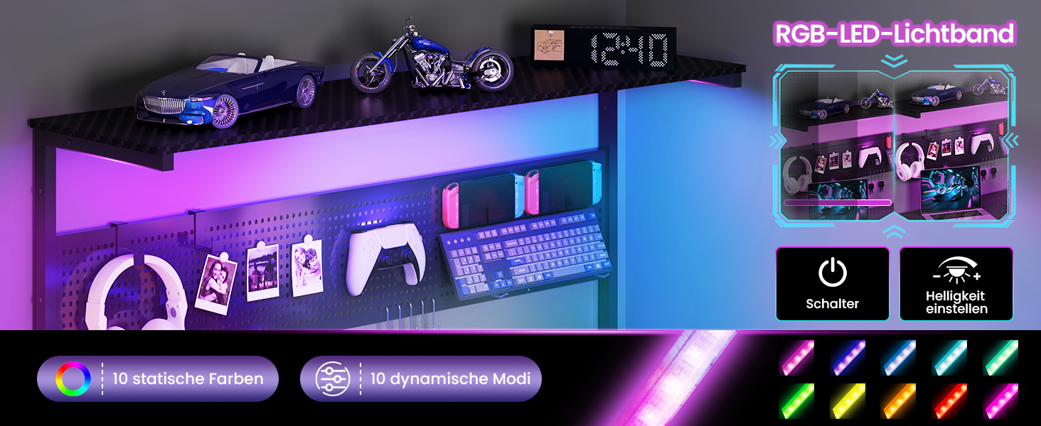 Ігровий кутовий стіл L-подібний YOUDENOVA з LED-підсвіткою, розеткою, полицею та перфорованою панеллю, 120x80 см, вугільна This-фібра, чорний