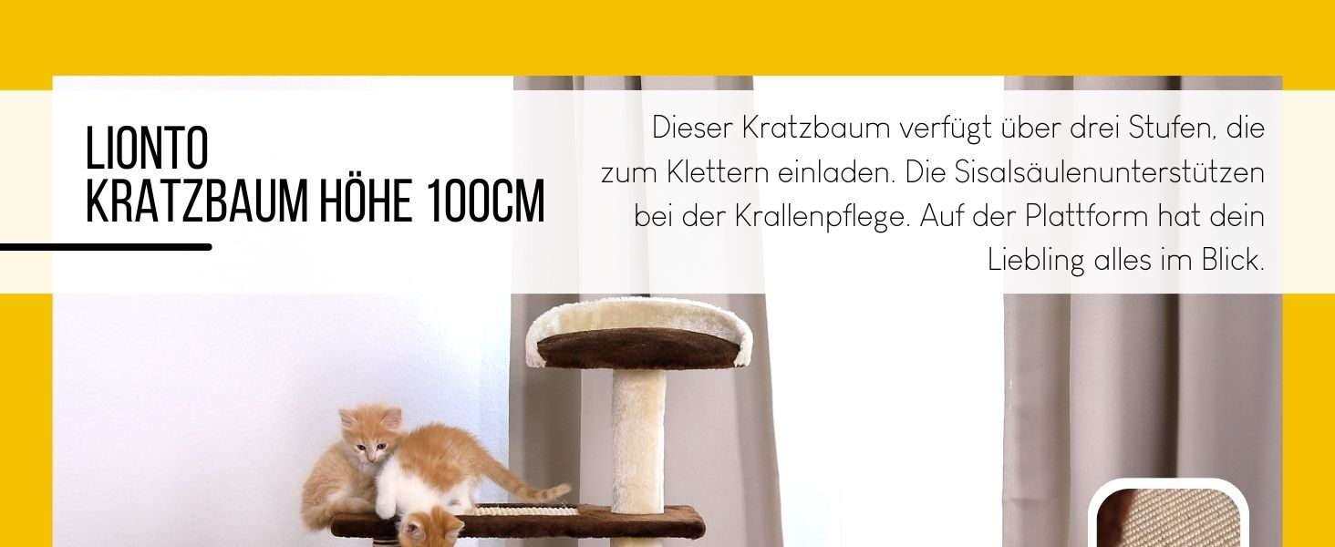Драбина для котів Lionto з 3 платформами та затишним лежанкою, висота 100 см, котячий будиночок з сизалевим мотузком та м'яким плюшем, підходить для кошенят та великих котів, ідеальний догляд за кігтями, сірий/світло-сірий