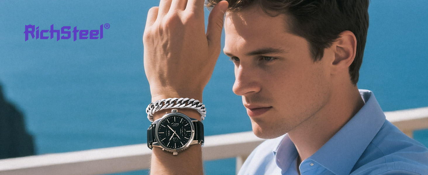 Чоловічий браслет Richsteel з нержавіючої сталі сріблястого/золотого/чорного кольору, ширина 12 мм, довжина 21 см, кубинський ланцюг, для подарунка