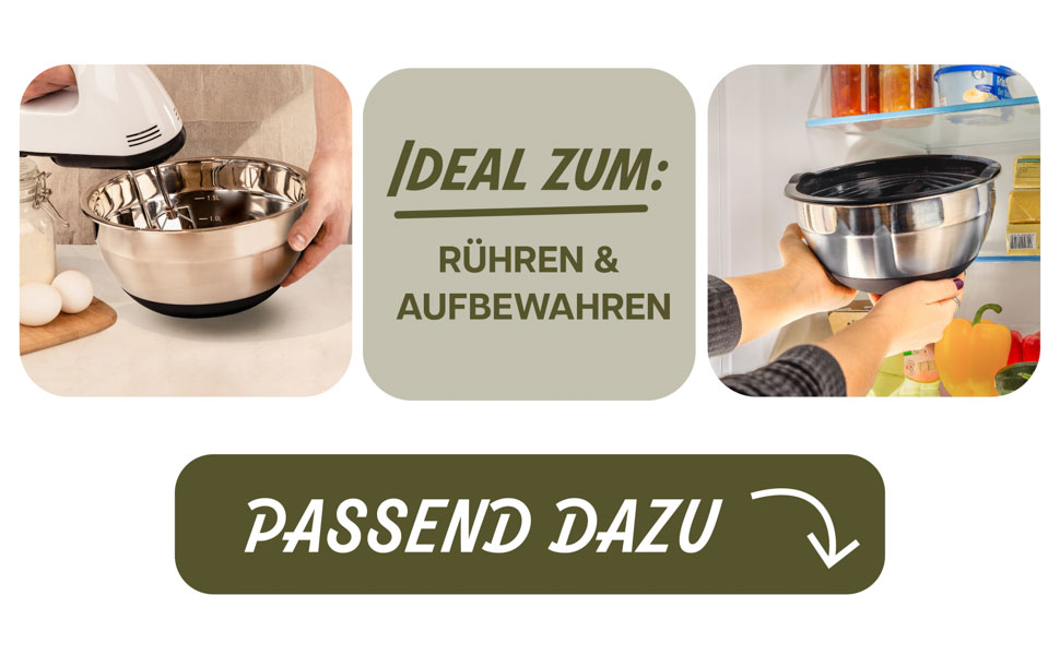 Набір з 3 нержавіючих мисок з кришкою Praknu - великі, з антиковзним покриттям, герметичні, з мірною шкалою, економні