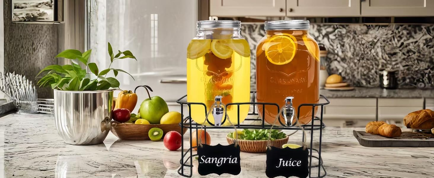 2 x 4L Glass Drink Dispensers with Stand, Drink Dispenser, Glass Water Juice Dispenser with Spout for Iced Juices, Water, Homemade Drinks, Parties, Weddings