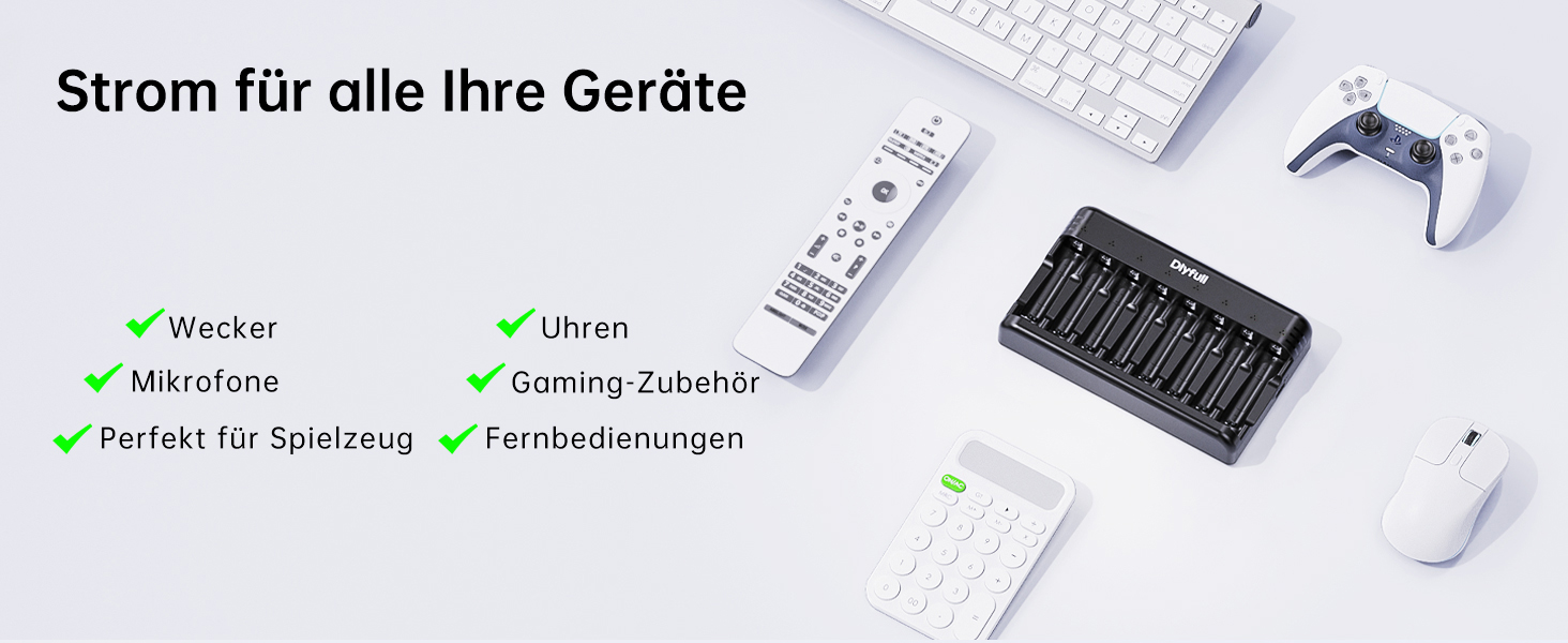 Зарядний пристрій Dlyfull для акумуляторів AAA/AA, 8-канальний зарядний пристрій з LED-дисплеєм, 5V/2A USB-C, для NI-MH/NI-CD, чорний