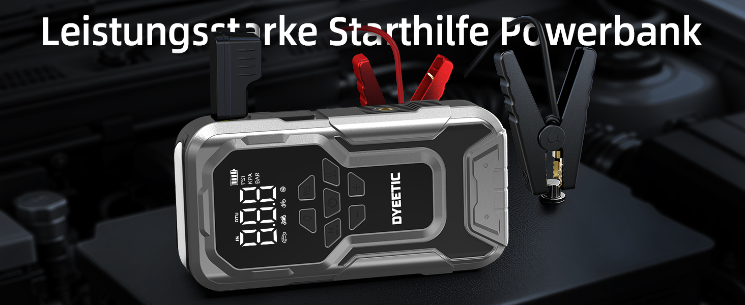 Powerbank Starthilfe 6000A з компресором 150PSI: портативний пусковий пристрій для авто/мото (бензин, 10.0L дизель) з LED ліхтариком QC3.0, срібний