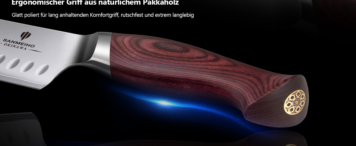 Ніж Santoku SANMEIHO Profi 18 см, японська сталь 10Cr15Mov, кухонний ніж для м'яса, риби та овочів з дерев'яною ручкою Пака