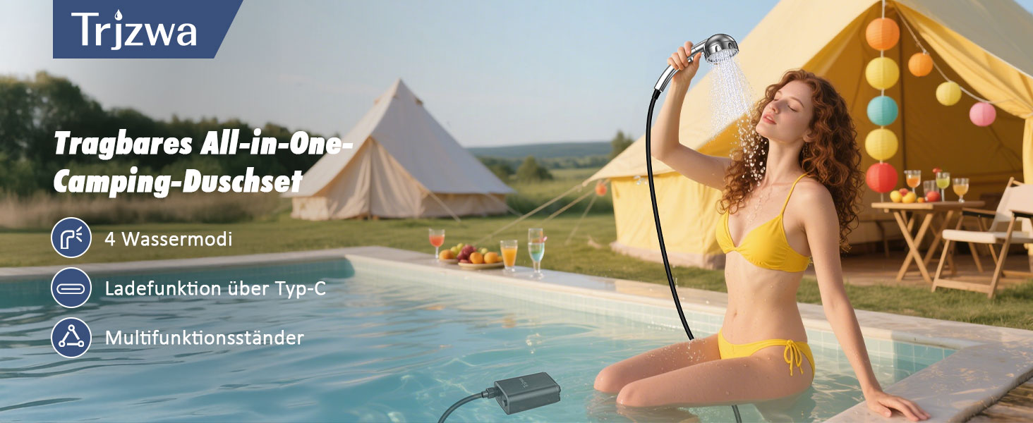 Портативна душова система для кемпінгу TRJZWA з акумулятором 2600mAh, регульованою насадкою та насосом для кемпінгу, подорожей, автомиття, купання тварин та саду