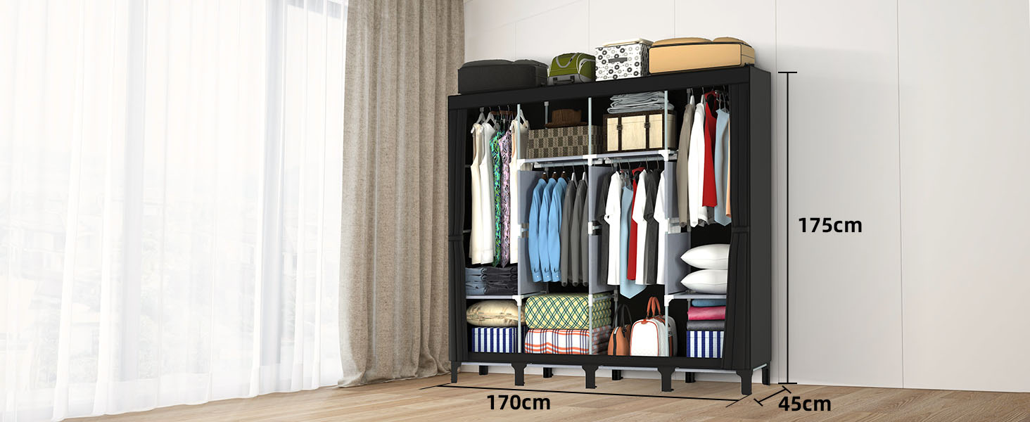 Тканинна шафа LOEFME 170x175x45 см для спальні, чорна, з 2 рейками для вішалок