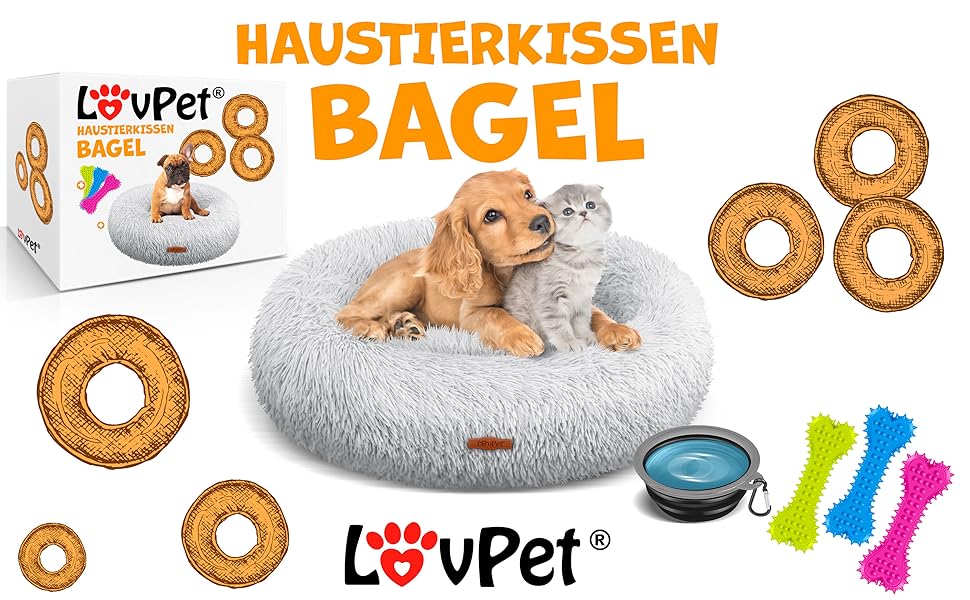 Кругле ліжко для собак та котів Lovpet® Bagel з мискою та іграшками, 120 см, світло-сірий