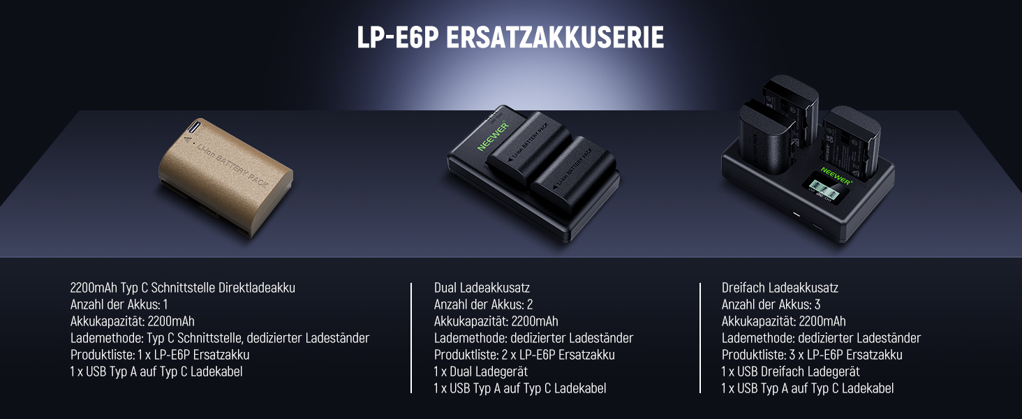 NEEWER LP-E6NH Запасний акумулятор та зарядний пристрій USB, 3 шт. 2250mAh для Canon EOS R7 R5 R6 R6 II R, 5DIV, 6DII, 7DII, 80D, 90D
