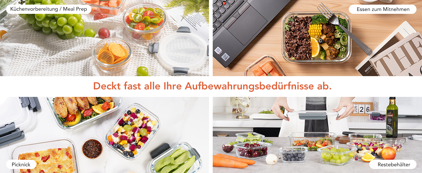 Скляні контейнери для зберігання їжі з кришками набір Frischhaltedosen: Meal Prep, мікрохвильова піч, морозилка, посудомийка, сірі