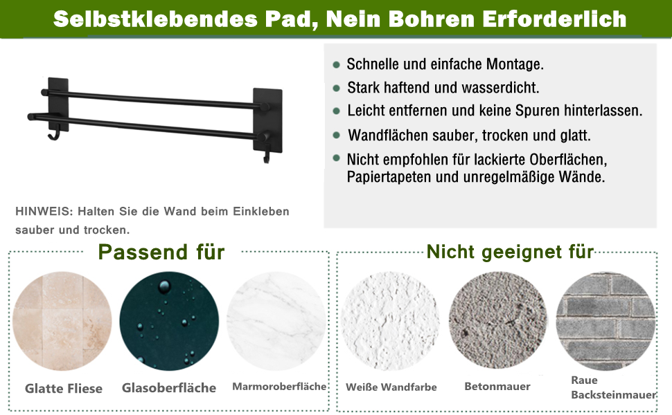 Тримач для рушників Vista без свердління, подвійний, 43.5 см, нержавіюча сталь, рушник-стійка для ванної кімнати, самоклеючий, для ванної кімнати та кухні (чорний)