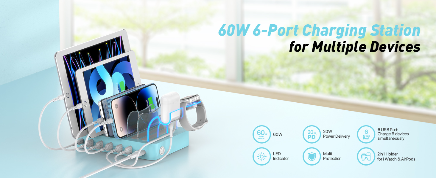 Зарядна станція SooPii USB 60W/12A, 6 портів, органайзер для декількох пристроїв з тримачем для Apple Watch, 6 кабелів (синій)