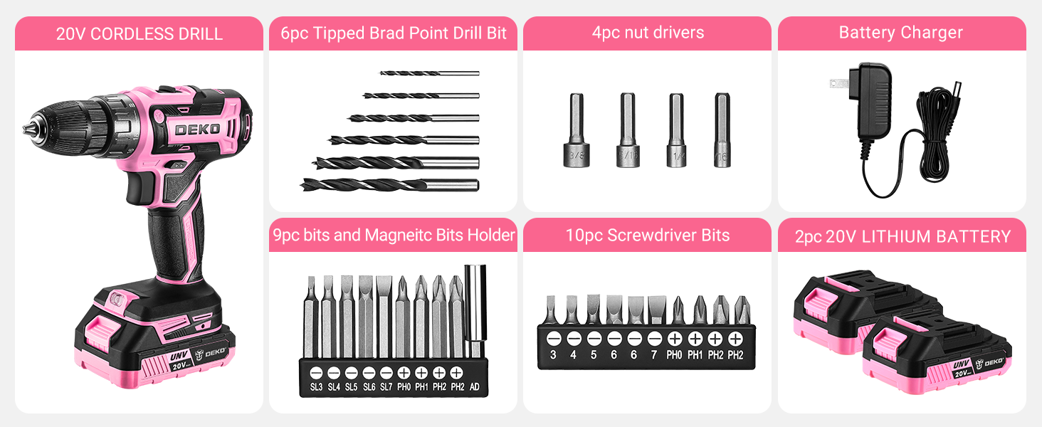 Акумуляторний шурупокрут DEKOPRO 20V 40 Nm: комплект з 2 акумуляторами, LED, 18+1 момент, для дому та DIY, рожевий
