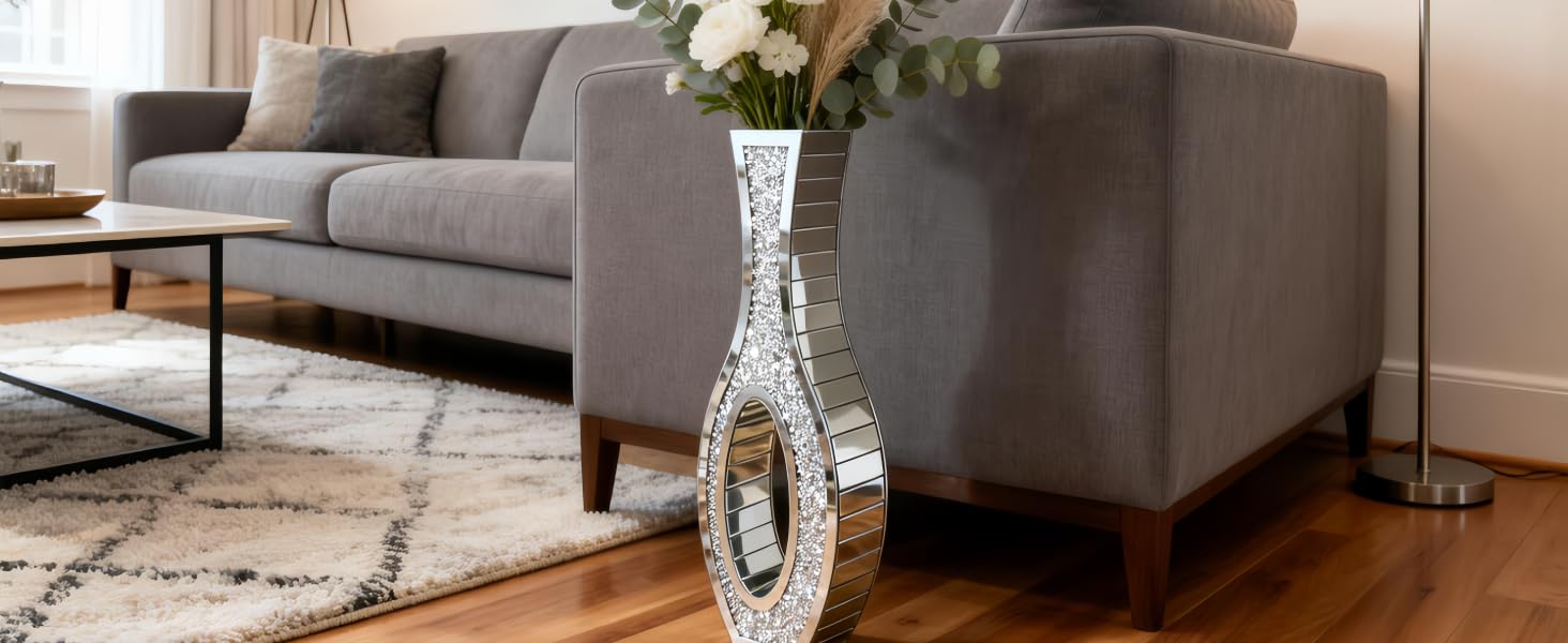 Ваза для квітів напольна 68 см, срібна ваза з кристалом для пампас трави, скляна ваза з дзеркальними діамантами, декоративна розкішна блискуча ваза для вітальні, декор інтер'єру – не для води (13L x 12.5B x 76.5H cm)