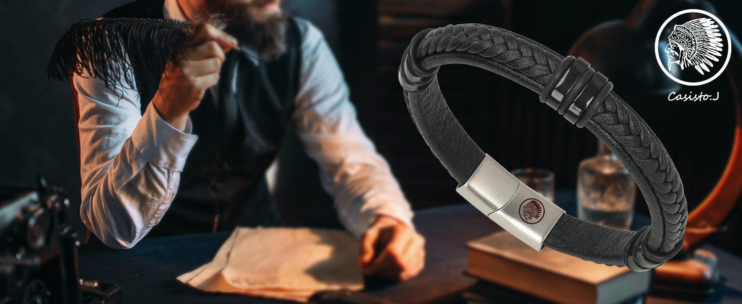 Чоловічий шкіряний браслет Casisto.J з нержавіючою сталлю, плетіння, гравіювання, північний стиль, чорний колір, з магнітною застібкою, у подарунковій коробці