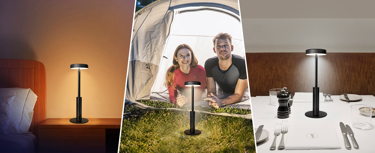 LED-лампа настільна бездротова, акумуляторна, 3 кольори, RGB, регульована яскравість, сенсорне керування, чорна. Підходить для вітальні, спальні, ресторану, вечірки, кав'ярні.