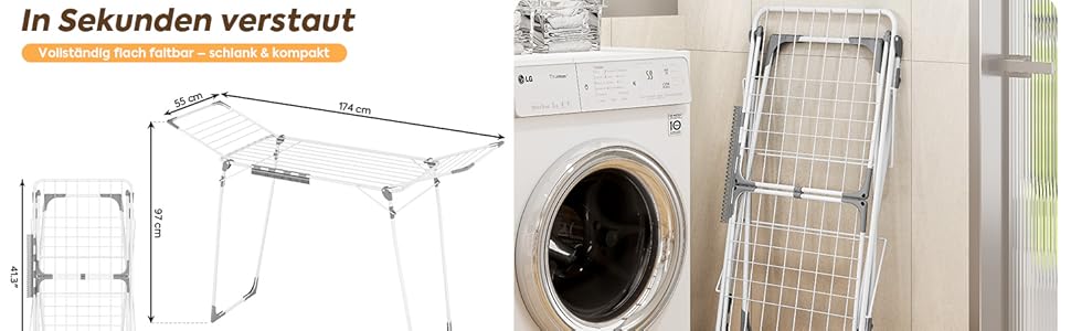 Сушарка для білизни KINGBOARD розкладна велика, крилатий сушарка висувна 174x97x156 см, стійка сушарка з антиковзними ніжками для дому та вулиці, біла