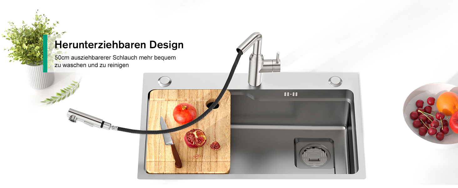Кухонний змішувач CREA з висувною лійкою та 2 режимами струменя, поворотний на 360°, з нержавіючої сталі, матовий, для кухні