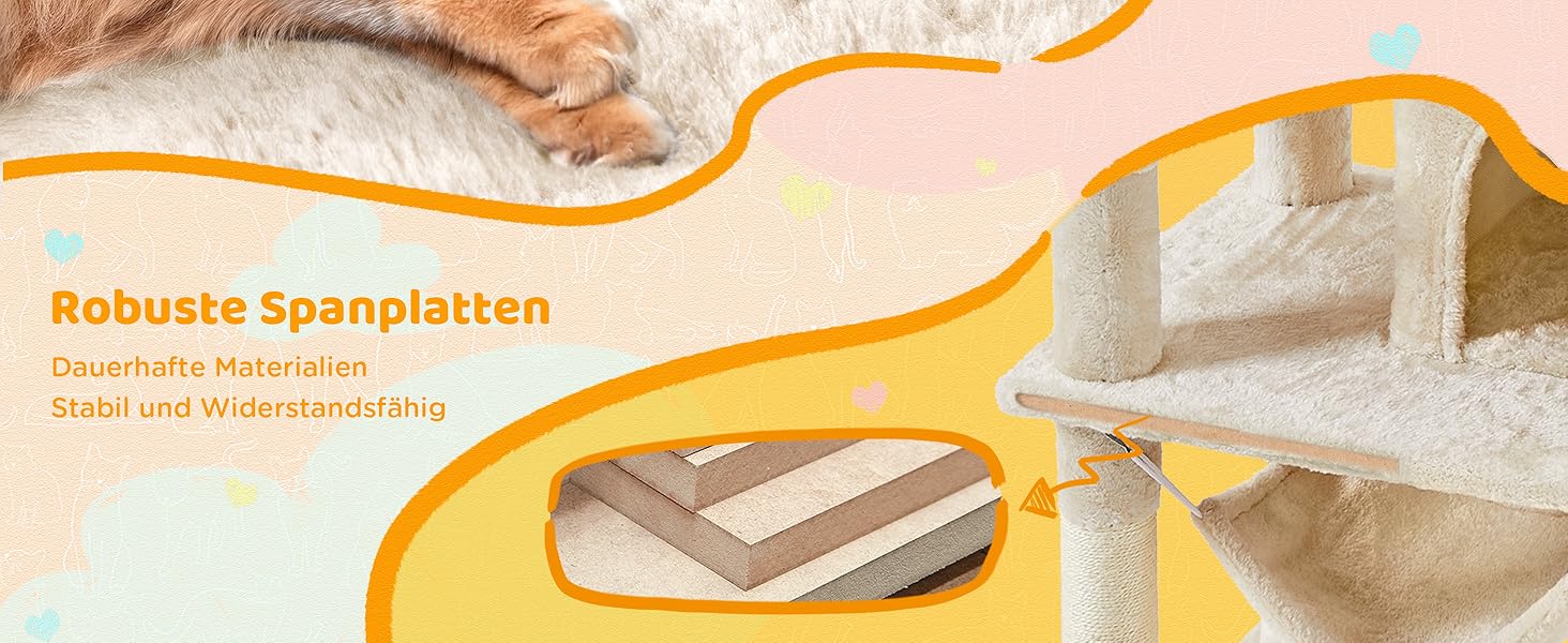 Дерево для котів Yaheetech 170 см XL, стабільний, з оглядовою платформою, будиночками, гамаком та лежаком, з плюшевими кульками (Бежевий)