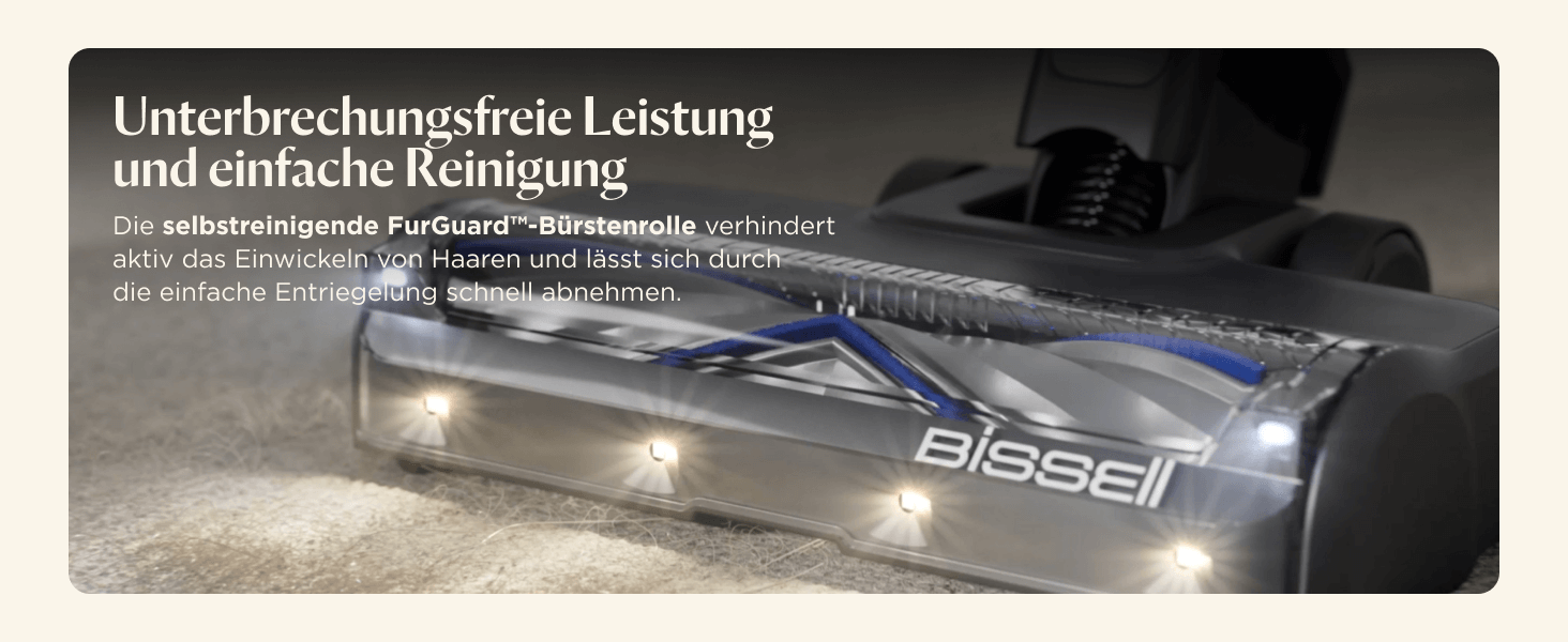 Бездротовий пилосос Bissell PowerClean FurGuard з акумулятором, 280W, самоочищувана щітка, світло FurFinder, HEPA-фільтр, акумулятор 2500 mAh, час роботи 50 хв, щітка FurGuard 4091N для видалення шерсті тварин