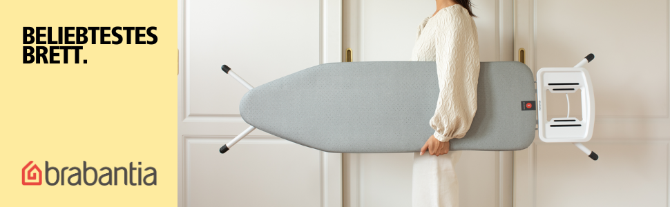 Гладильна дошка Brabantia Bügelbrett B, 124 x 38 см – металізована, 100% Fairtrade-бавовна, стабільна, регульована висота, з підставкою для праски