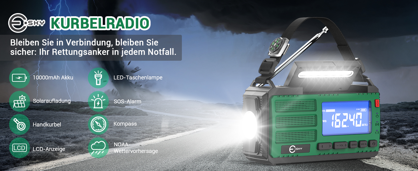 Радіоприймач Esky Kurbelradio з сонячною батареєю, 10000mAh, AM/FM, USB-зарядка, LED-ліхтарик, SOS-сигнал, компас, портативне для кемпінгу та надзвичайних ситуацій, зелений