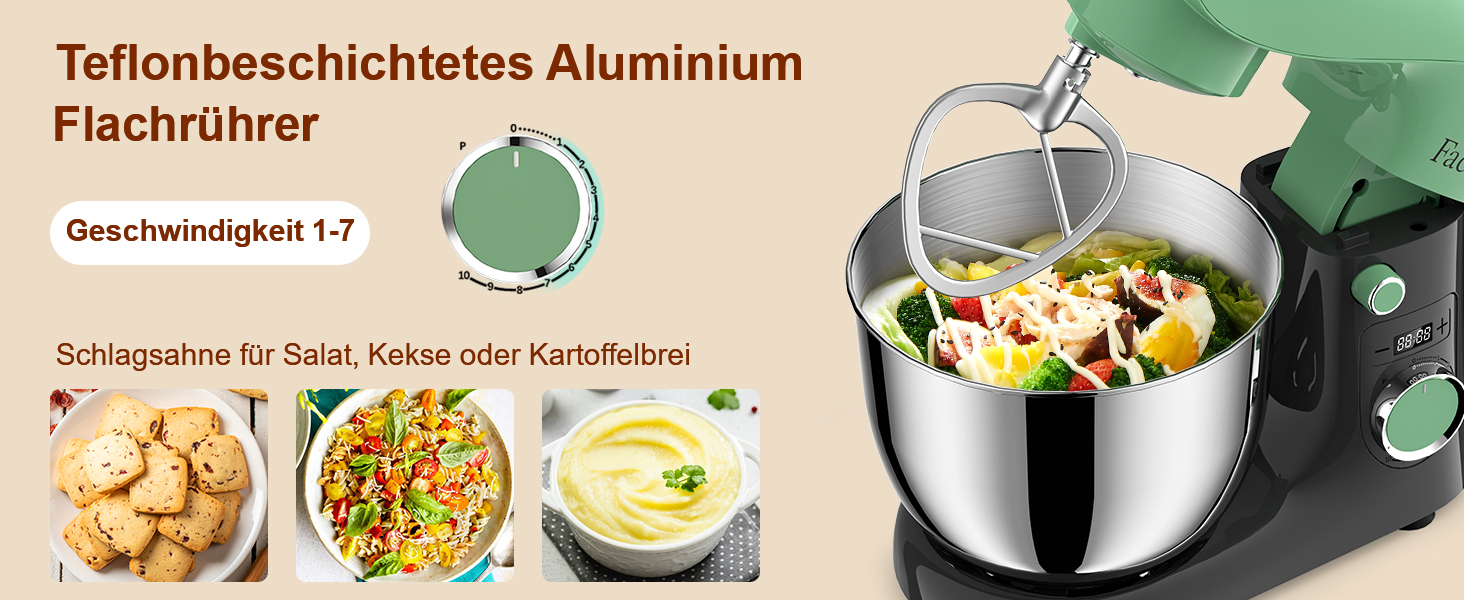 Кухонна машина/міксер Facelle 1500W з 5.5L та 4.5L чашами, 10+ програм, тиха робота, з набором насадок (зелено-сірий)