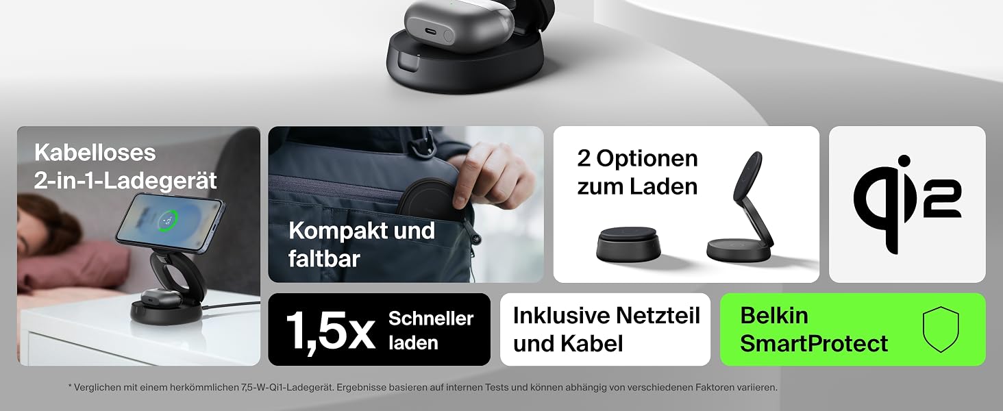 Бездротова зарядна станція 2-в-1 Belkin BoostCharge Qi2 15W MagSafe для iPhone 17, AirPods, Pixel, з блоком живлення 30W, чорна