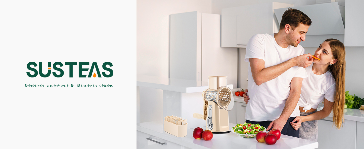 Тертка для овочів STEAS з ручкою - терка для сиру, овочів, фруктів з 5 насадок, міцним присоском, контейнером для ножів (Бежева)