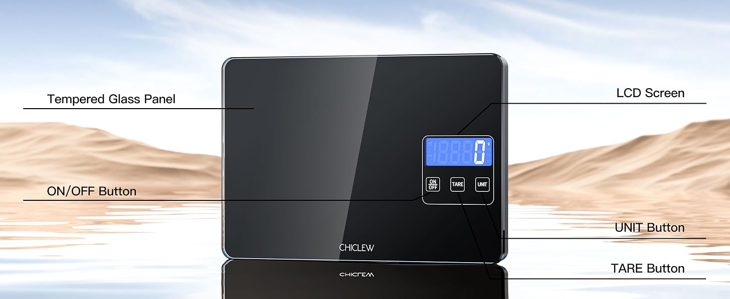 Електронна кухонна вага CHICLEW 15 кг з LCD дисплеєм, 5 одиниць вимірювання, скло, чорний