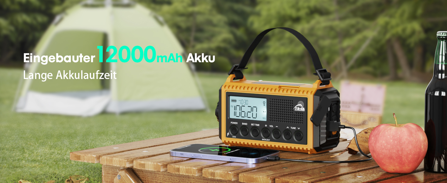 Радіоприймач Kurbelradio 12000mAh з сонячною панеллю та ручкою, AM/FM/SW, USB-зарядка, ліхтарик, SOS-сигнал, для кемпінгу та надзвичайних ситуацій, зелений