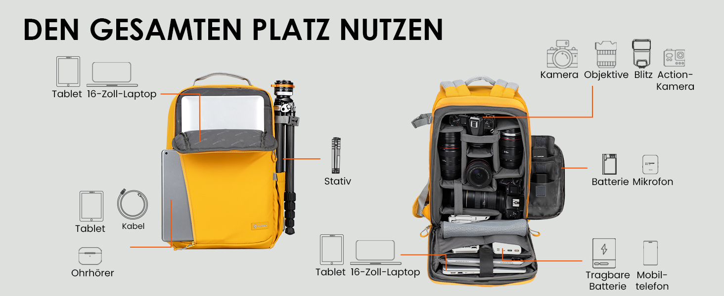 Рюкзак для камери Tarion TR-XL жовтий, водонепроникний, для DSLR з відділенням для ноутбука 15.6 дюймів та дощовиком