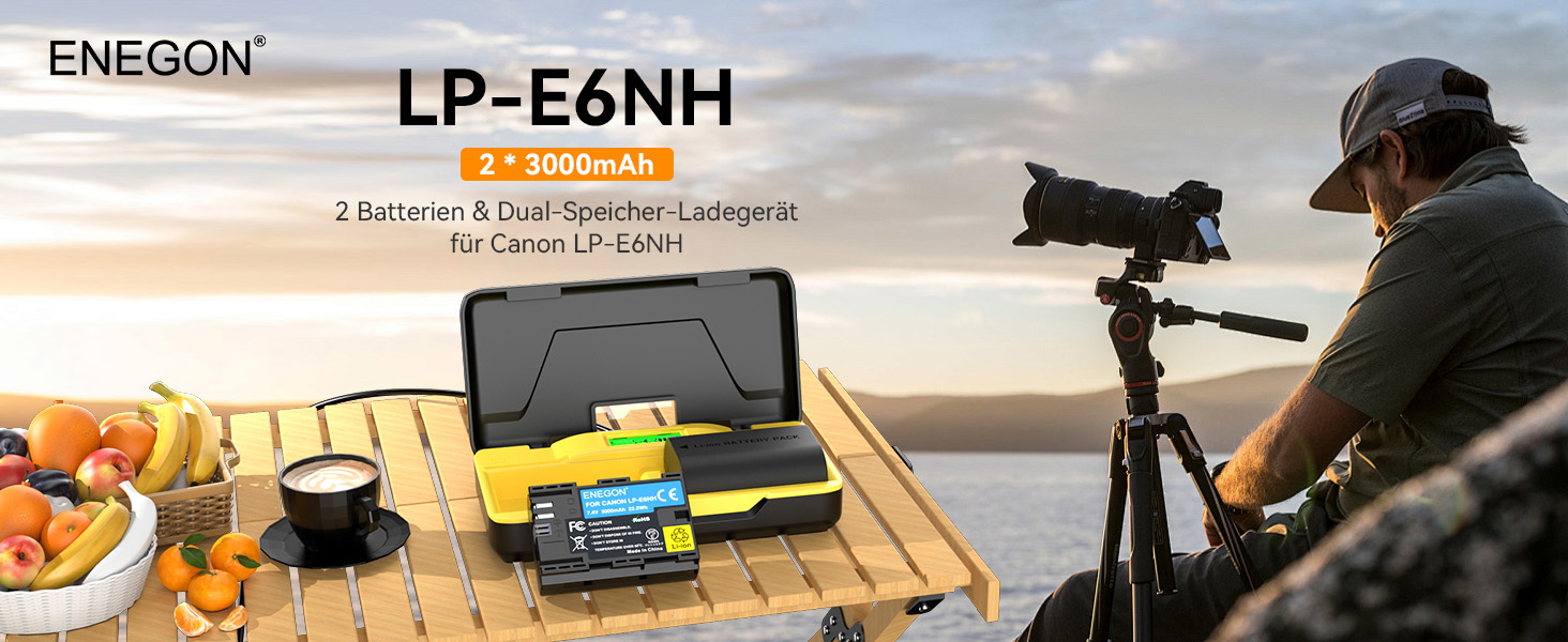 Зарядний пристрій ENEGON LP-E6NH 20W Dual-Akku з LCD-дисплеєм (2x 3000mAh) для Canon EOS 5D, 6D, 7D, 60D, 70D, 80D, 90D, XC10, XC15, R, R5, R6, R7