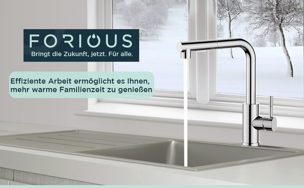 Змішувач для кухні FORIOUS з висувною лійкою та душем, 360° обертання, 2 режими, полірована хром