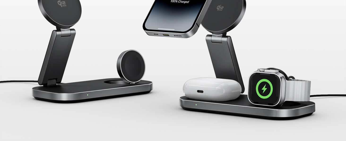 Бездротова зарядка 25W 3-в-1 з MagSafe, складана індуктивна магнітна зарядна станція для iPhone 17/Air/16/15/14/13/12, Apple Watch 10/9/8/7/6/SE/5/4/3 та AirPods Pro (з адаптером 35W), чорна