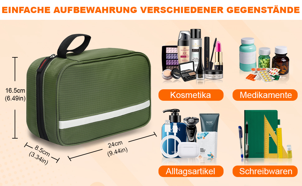 Чоловіча та жіноча косметичка для подорожей з відділеннями, водонепроникна, з гачком, зелена