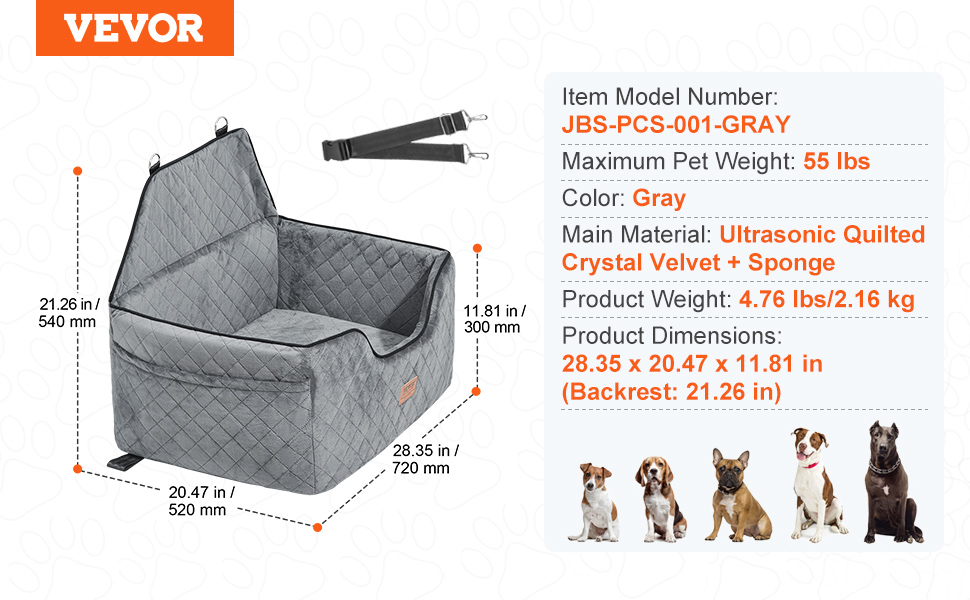 Автокрісло для собак VEVOR, підвищення для собак у машину з кишеню для зберігання, автокрісло для домашніх тварин з прикріпленою страхувальною лінією, губчаста подушка, автоліжко для собак середніх та великих порід до 25 кг (Сірий, Large)