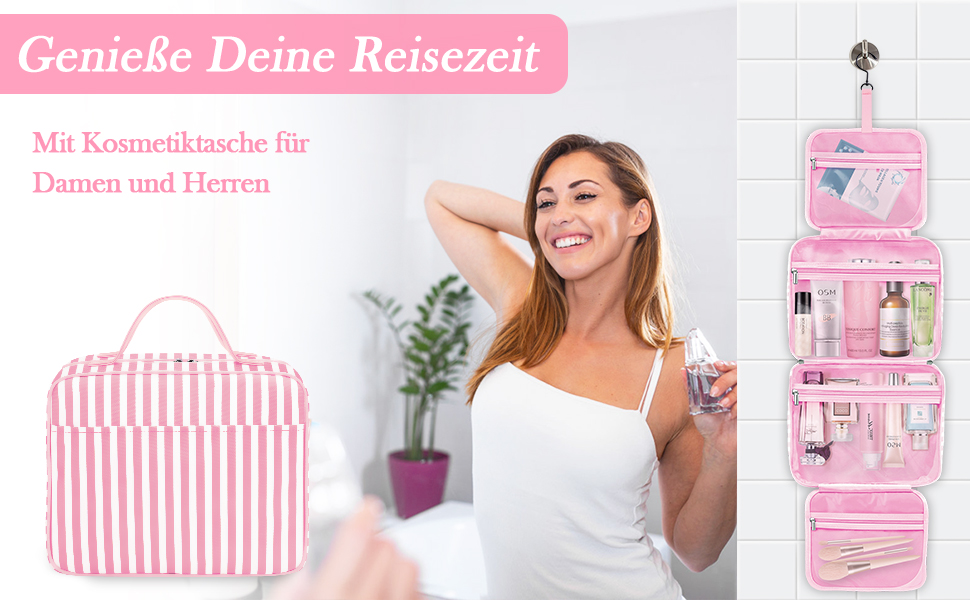 Сумка для косметики IDEATECH, дорожня, водонепроникна, для чоловіків та жінок, рожево-смугаста, з петлею для підвішування