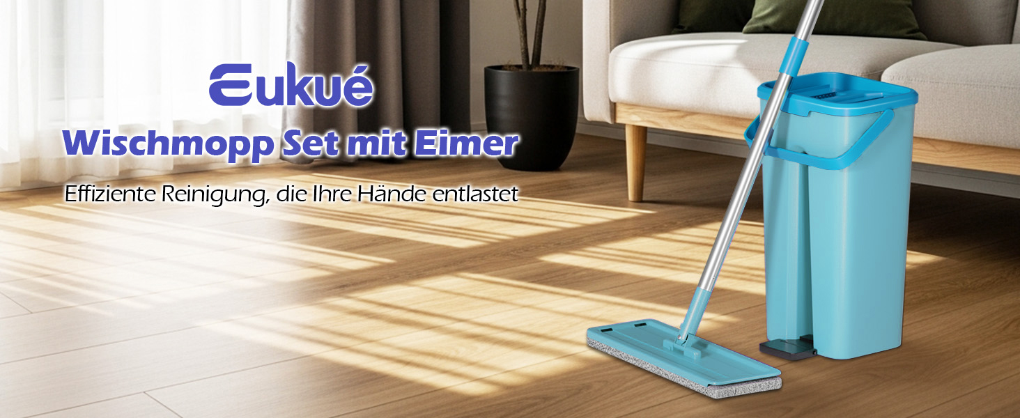 Набір для миття підлоги з відром, вичавлювач для швабри, 2 в 1, швабра-моп з регульованою ручкою з нержавіючої сталі та 6 мікрофібрових насадок, підходить для плитки та ламінату (швабра з відром: блакитний + синій)