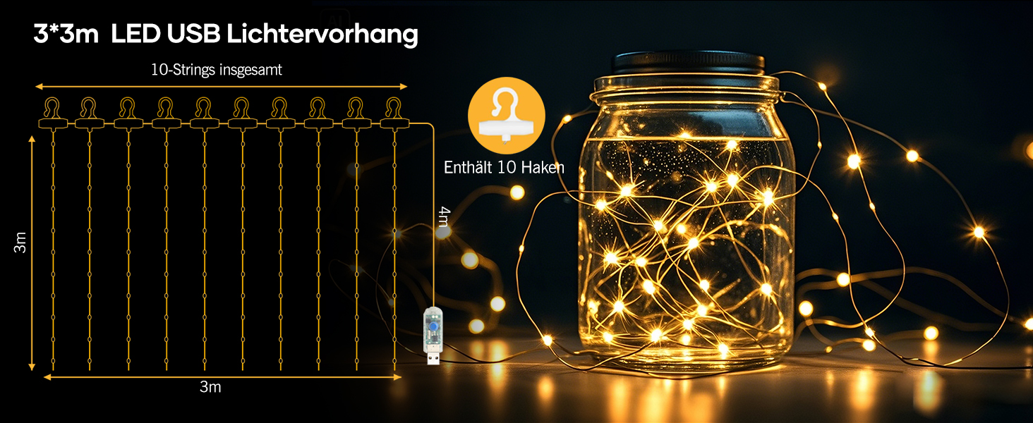 Лампочки-завіса USB Hoteril 3x3м, 300 LED, 8 режимів, пульт, таймер, IP65, для декору, вечірки, кімнати (тепле світло)