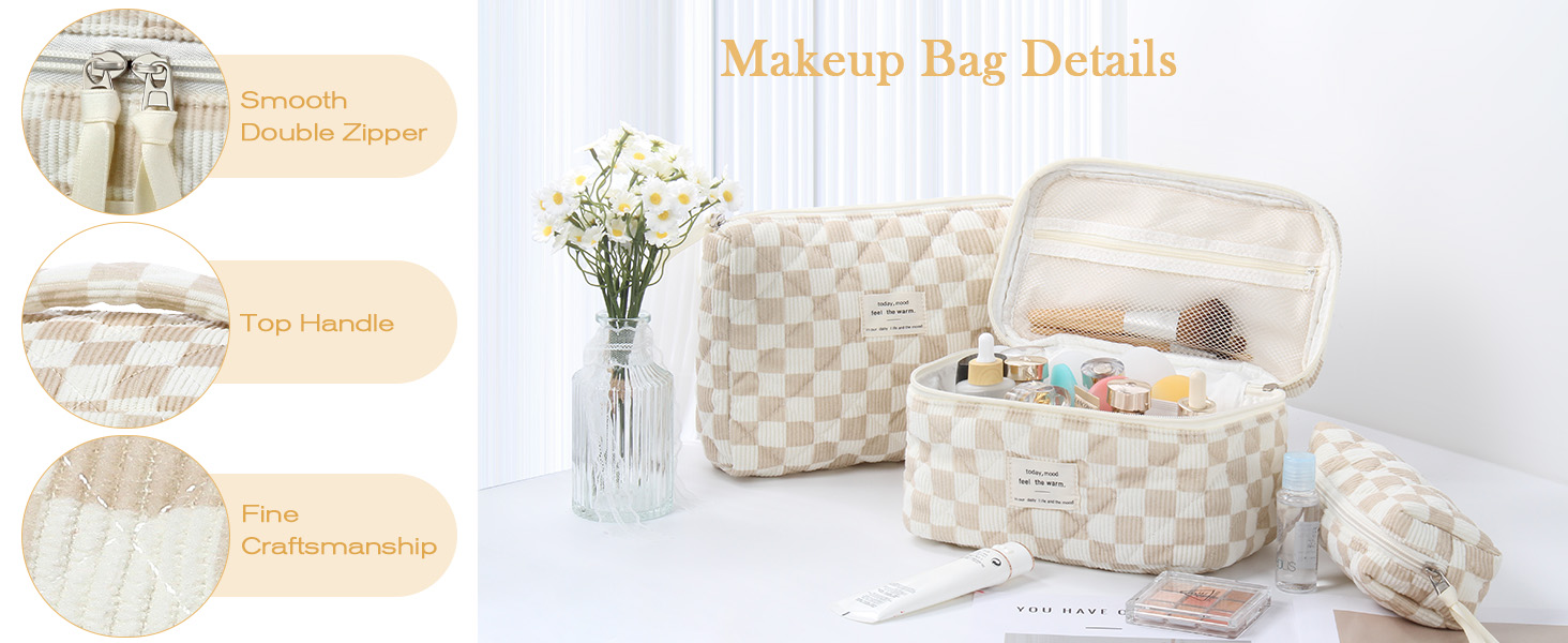 Набір косметичок 3 шт. з квітковим принтом, для подорожей та повсякденного використання | Косметичка для макіяжу для жінок та дівчат. Хакі в клітинку