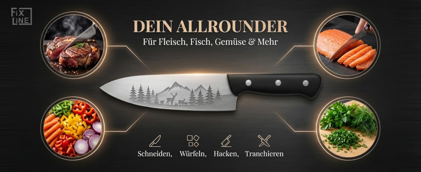 Ніж кухарський FIXLINE® Chefmesser 20 см BLACK FOREST Edition – професійний ніж для кухні, нержавіюча сталь, чорна дерев'яна ручка, подарункова упаковка