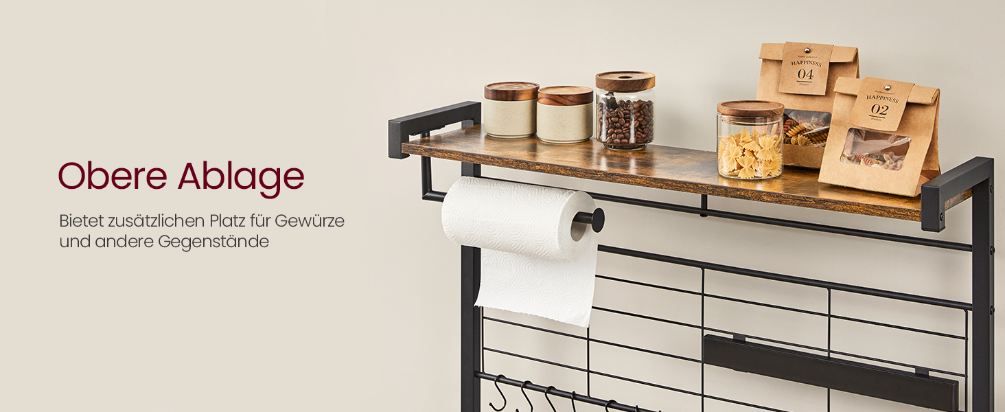 Стелаж кухонний VASAGLE KKS026B01, вінтажний, з магнітною смугою для ножів, кошиком та тримачем для рушників