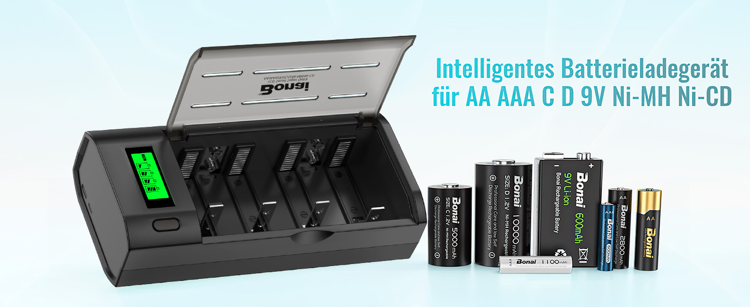 Інтелектуальний зарядний пристрій BONAI для акумуляторів AA/AAA/SC/C/D NI-MH з LCD дисплеєм та функцією розряду, універсальний, швидка зарядка
