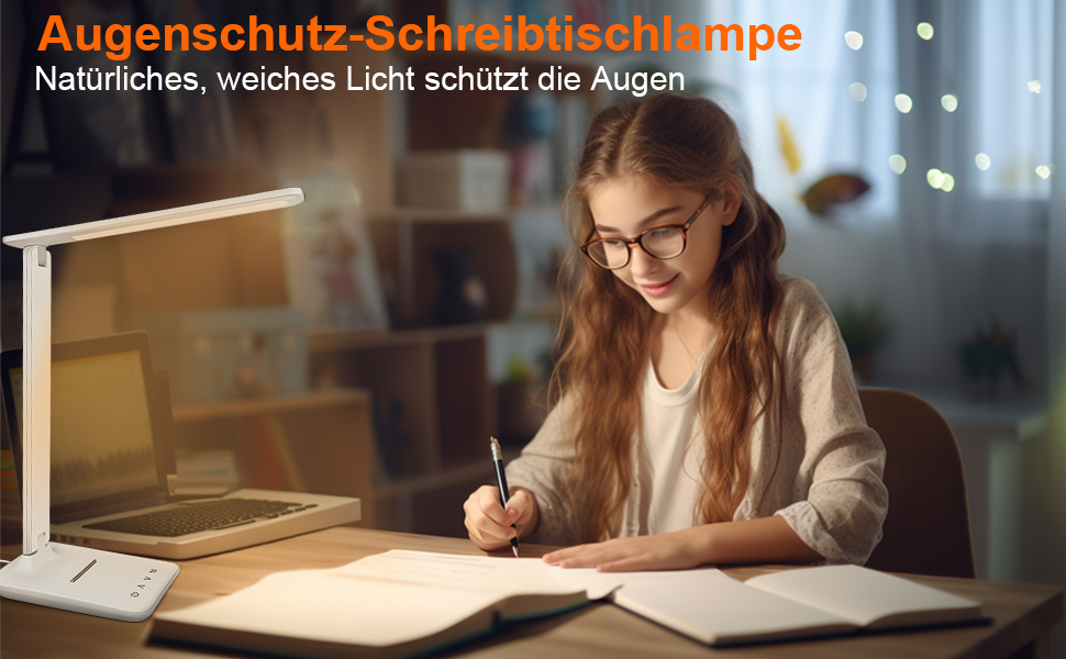 Стійка лампа Jumoking LED з регулюванням яскравості та захистом очей, USB-порт, сенсорне керування, 5 кольорів та 5 рівнів яскравості, для дітей, спальні, читання, офісу (біла)