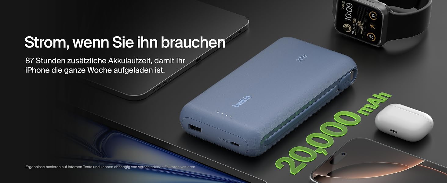 Зовнішній акумулятор Belkin BoostCharge 20K PD 30W з вбудованим кабелем USB-C, Power Bank для iPhone 16, iPad Pro, Samsung Galaxy S25, синій