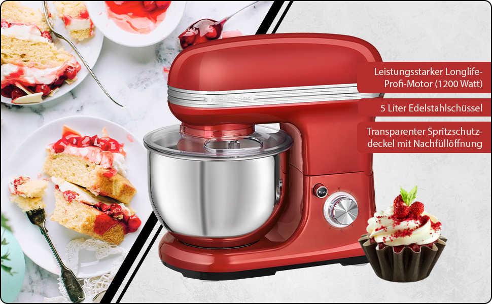 Планетарний міксер ProfiCook PC KM 1197 для випічки та замішування тіста, 1200 Вт, чаша 5 л, ретро-дизайн, червоний