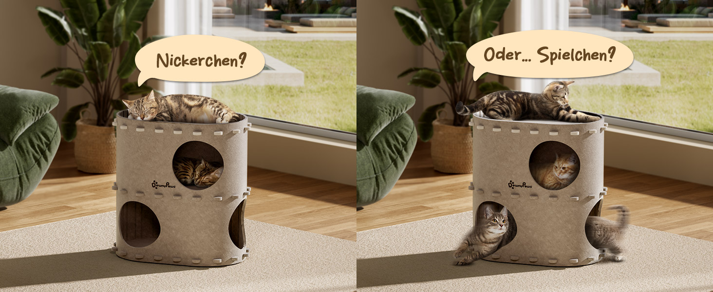 Кігтечка-будиночок для котів DownyPaws з фетру, 2-ярусна, 50 x 33 x 50 см, бежева